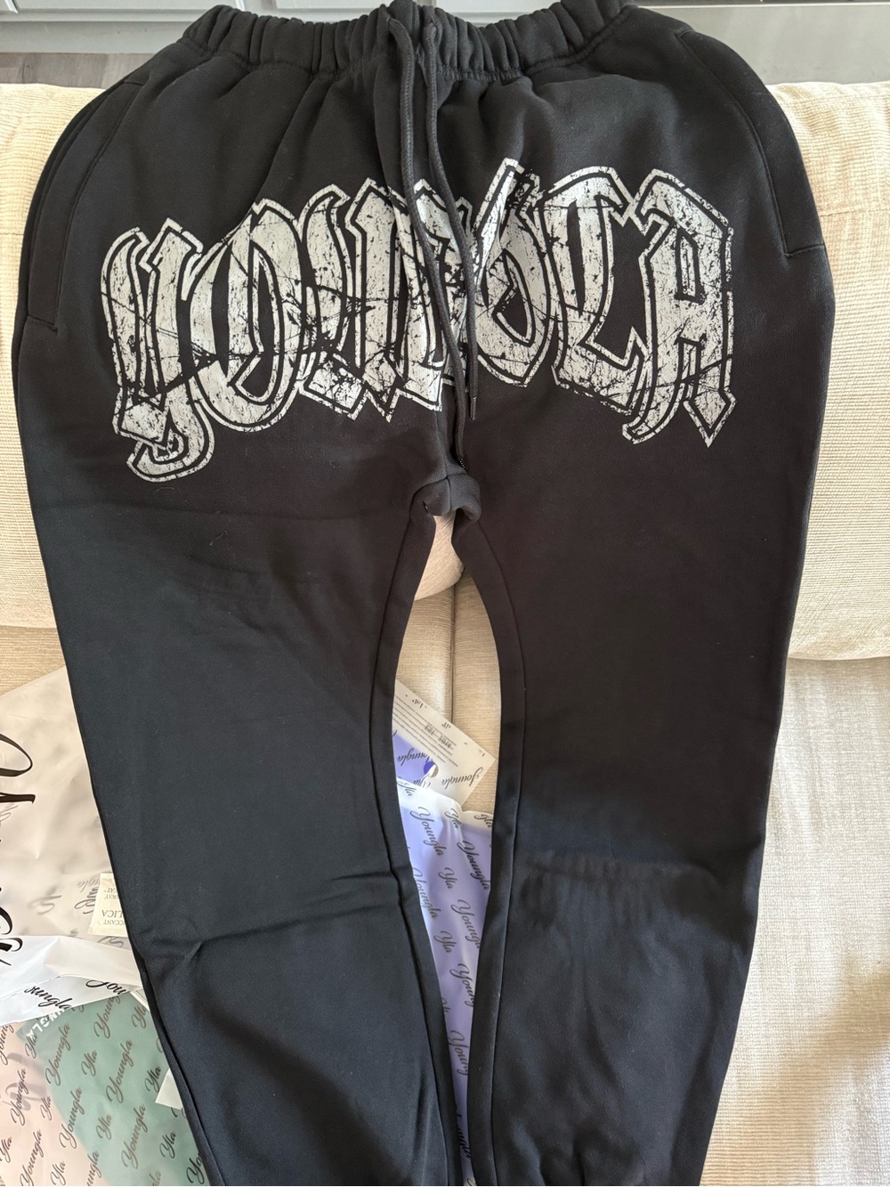 YoungLA Black Jogger Sweatpants with Distressed White Logo